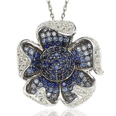Suzy Levian Sterling Silver Sapphire And Diamond Pave Flower Pendant With Chain In Blue