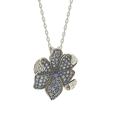 Suzy Levian Sapphire And Diamond Accent In Sterling Silver Petite Flower Pendant In Blue