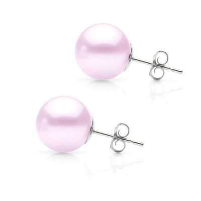 Suzy Levian 14k White Gold Round Purple Freshwater Pearl Stud Earrings - 8 Mm In Pink