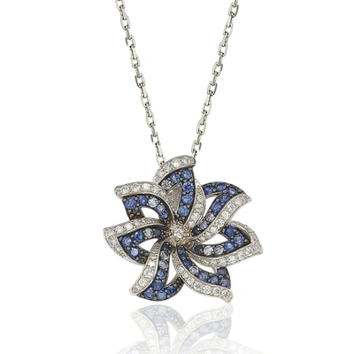 Suzy Levian Sapphire And Diamond Accent In Sterling Silver Petite Flower Pendant In Blue