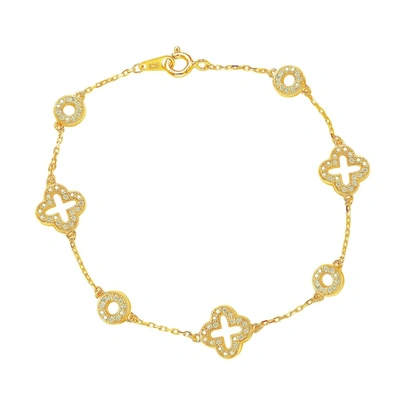 Suzy Levian Golden Sterling Silver White Cubic Zirconia Clover And Circles Bracelet In Pink