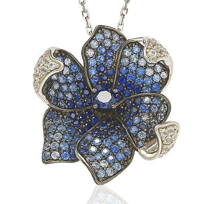 Suzy Levian Sapphire And Diamond Accent In Sterling Silver Pendant With 18" Chain In Blue