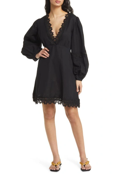 Topshop Lace Trim Long Sleeve Linen & Cotton Minidress In Black