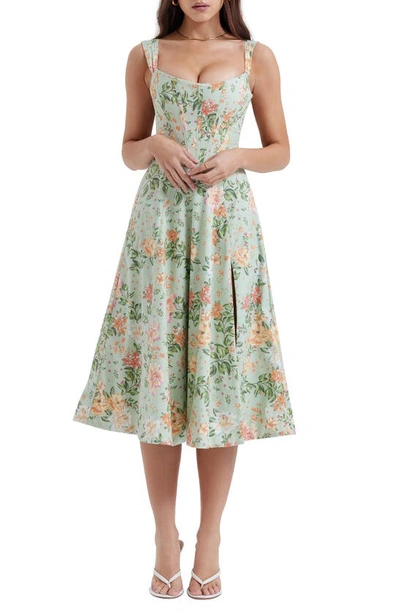 House Of Cb Saira Floral Lace-up Corset Cocktail Dress In Light Jade Print