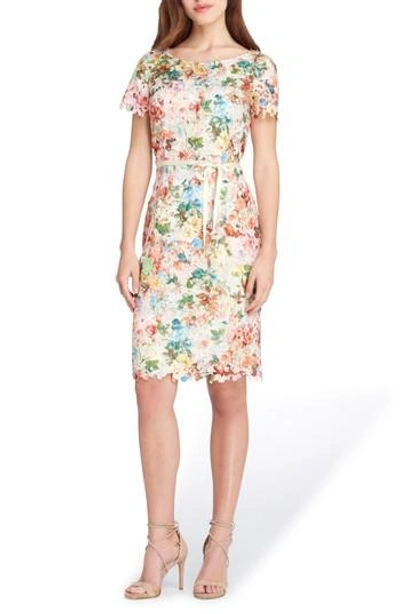 Tahari Print Lace Sheath Dress In Beige/ Coral/ Forest