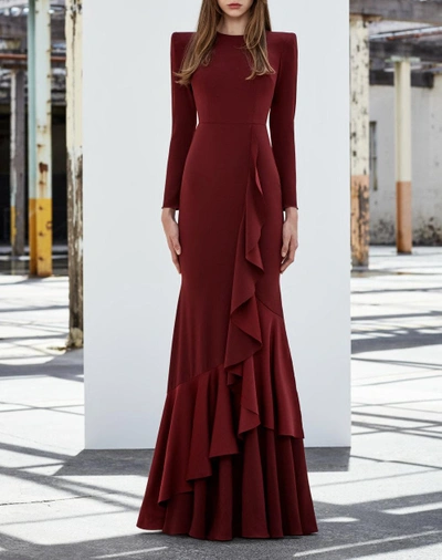 Alex Perry Dane-satin Ruffle Long Sleeve Trumpet Gown In Bordeaux