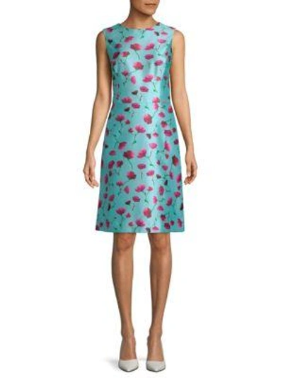 Oscar De La Renta Floral-print Knee-length Dress In Aquamarine