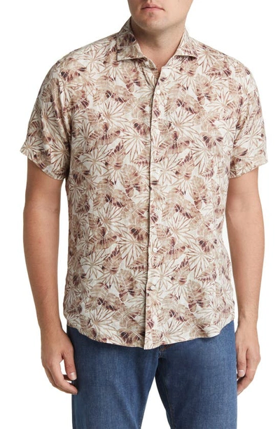 Peter Millar Crown Crafted Combers Leaf Print Short Sleeve Linen Button-up Shirt In Summer Dunes