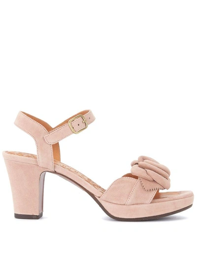 Chie Mihara Blossom Nude Suede Heeled Sandal With Flower In Beige