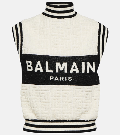 Balmain Logo Jacquard Bouclé Top In White