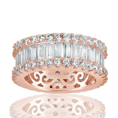 Suzy Levian Rose Sterling Silver Cubic Zirconia White Baguette And Round Wide Eternity Band In Pink