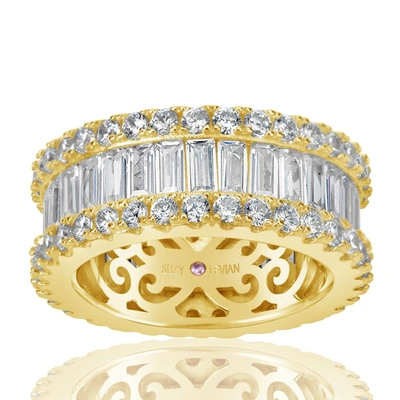 Suzy Levian Yellow Sterling Silver Cubic Zirconia White Baguette And Round Wide Eternity Band