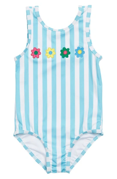 Harper Canyon Kids' Ruffle 3d Pop One-piece Swimsuit In Blue Button Flower Stripes