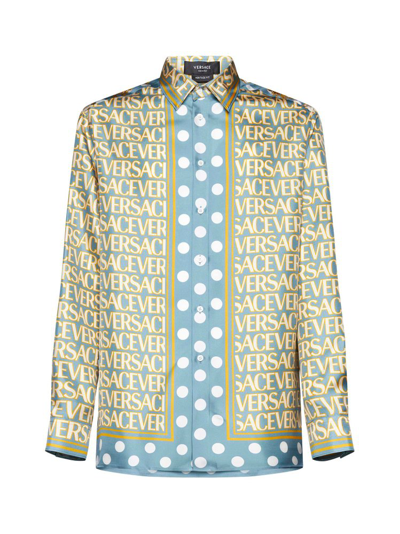 Versace Allover-print Silk Shirt In 5v510_light_blue_ivory