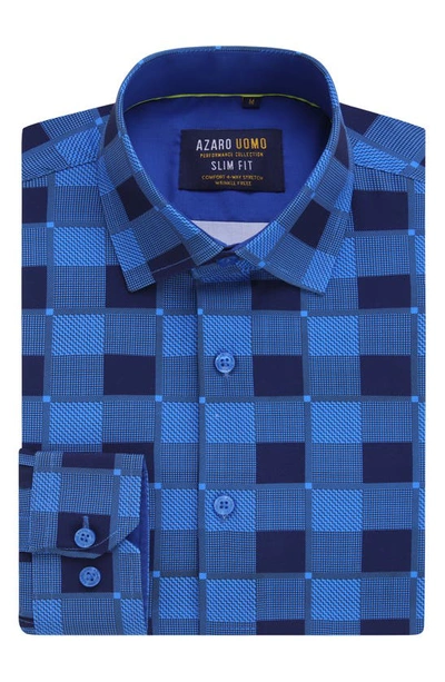 Azaro Uomo Slim Fit Mixed Plaid Print Performance Dress Shirt In Blue
