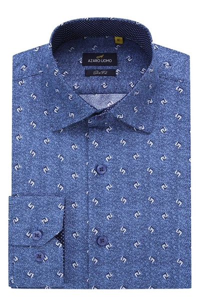 Azaro Uomo Slim Fit Geometric Print Performance Dress Shirt In Navy