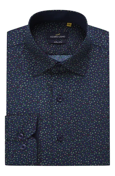 Azaro Uomo Slim Fit Flower Print Performance Dress Shirt In Navy