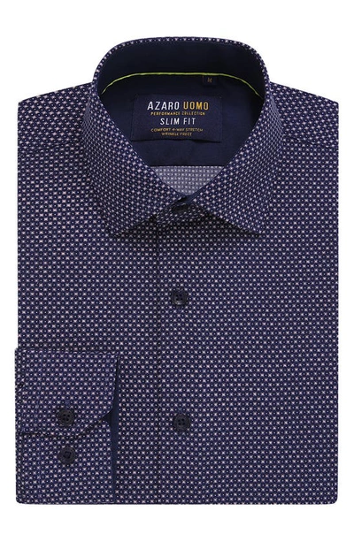 Azaro Uomo Slim Fit Geometric Print Performance Dress Shirt In Navy