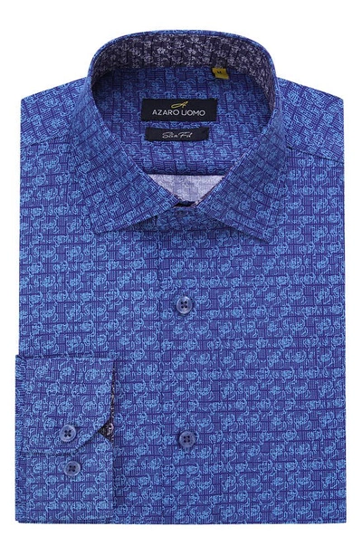 Azaro Uomo Patterned Long Sleeve Performance Button-up Shirt In Navy