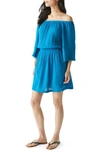 Michael Stars Fernanda Smocked Waist Long Sleeve Off The Shoulder Dress In Blue