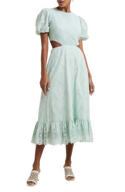 French Connection Women's Esse Eyelet Cutout Puff-sleeve Cotton Midi Dress In 40-aqua Foam