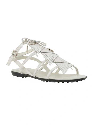 Tod's Fringed Leather Sandals In White
