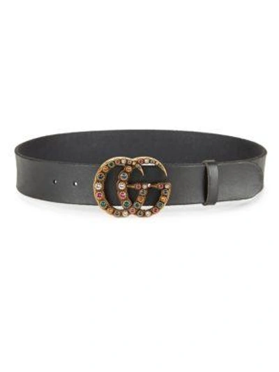 Gucci Gg Crystal Buckle Leather Belt In Nero/ Multicolor
