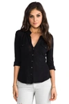 James Perse Slub 3/4 Sleeve Button Front Shirt In Black