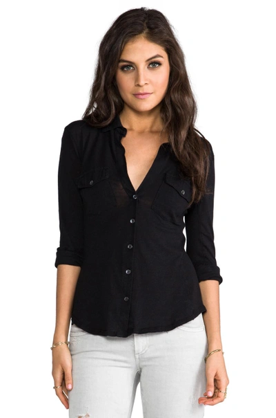 James Perse Slub 3/4 Sleeve Button Front Shirt In Black