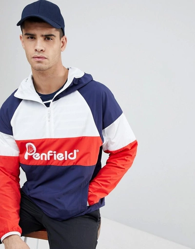 Penfield Block Overhead Hooded Jacket Front Logo In Navy/white/red - Navy