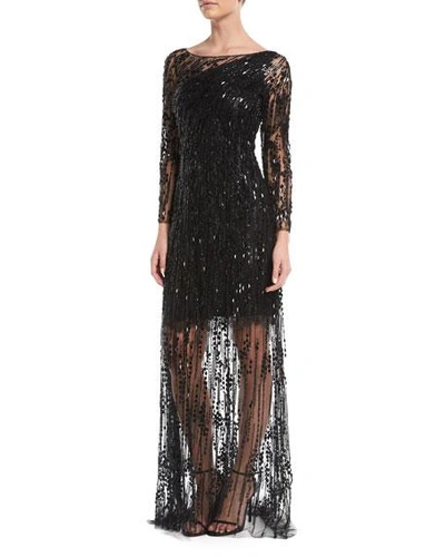 Jenny Packham Sleeveless Ombre Beaded Evening Gown In Black