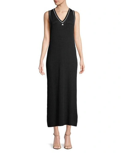 Courrèges Long Ribbed Cotton Dress In Black/white
