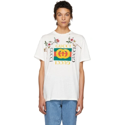 Gucci Gg-print T-shirt With Floral Patches, White In 9234 Natural White