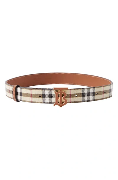 Burberry Check And Leather Tb Belt In Beige