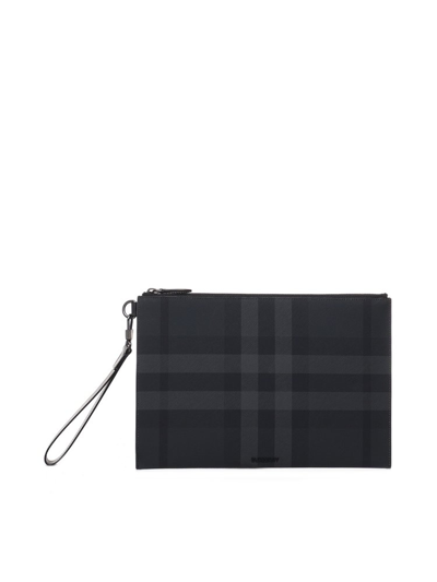 Burberry Check Pattern Zipped Clutch Bag In Gray