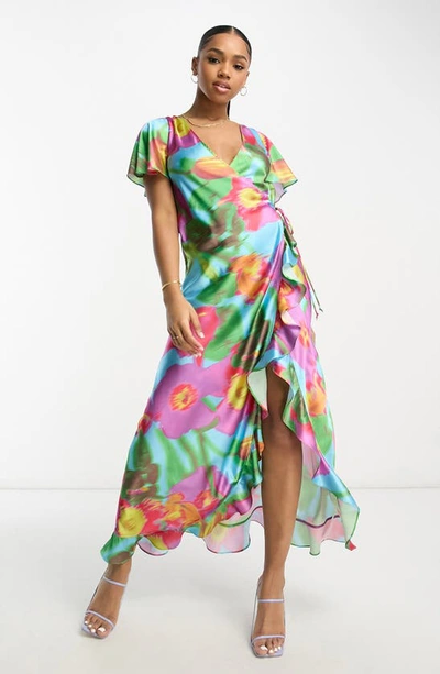 Asos Design Ruffle Detail Wrap Satin Maxi Dress In Large Bold Floral Print-multi