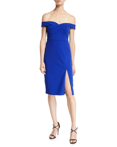 Aidan Mattox Off-the-shoulder Scuba Crepe Cocktail Dress In Blue