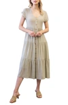 Blu Pepper Short Sleeve Faux Button Midi Dress In Olive