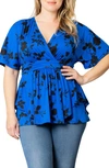 Kiyonna Encore Print Faux Wrap Top In Blue Floral Impressions