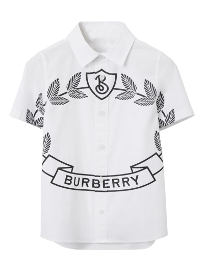 Burberry Kids' Boy's Owen Oak Leaf Crest Logo-print Shirt In A1464 - White