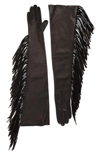 Seymoure Runway Fringed Long Leather Gloves In Black