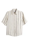 Nn07 Hans 5220 Stripe Short Sleeve Linen Button-up Shirt In Ivory/ Blue Stripe