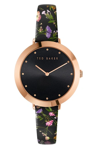 Ted Baker Ammy Floral Leather Strap Watch, 34mm In Rose Gold/ Black/ Floral