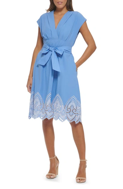 Kensie Embroidered Pleat Tie Waist Dress In Chambray Blue