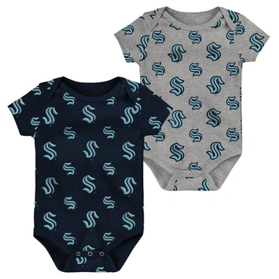 Outerstuff Babies' Newborn And Infant Boys And Girls Deep Sea Blue, Gray Seattle Kraken Two-pack Double Up Bodysuit Set In Deep Sea Blue,gray