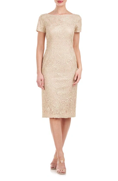 Js Collections Scarlet Beaded Leaf Print Cocktail Dress In Champagne