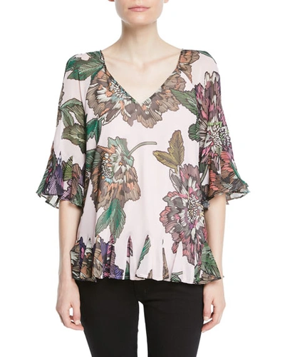 Badgley Mischka Floral-print V-neck Peasant Top In Pink Multi