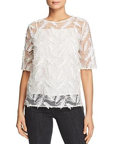 Badgley Mischka Sheer Embroidered Feather Top In White