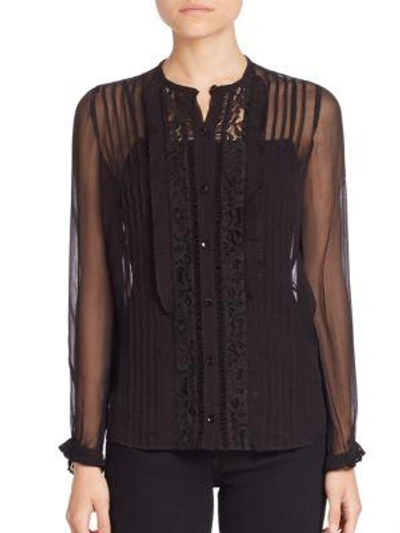 Rebecca Taylor Pintucked Lace Silk Blouse In Black