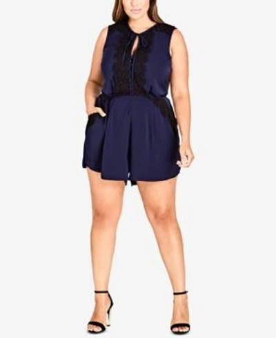City Chic Trendy Plus Size Lace-trim Romper In Navy